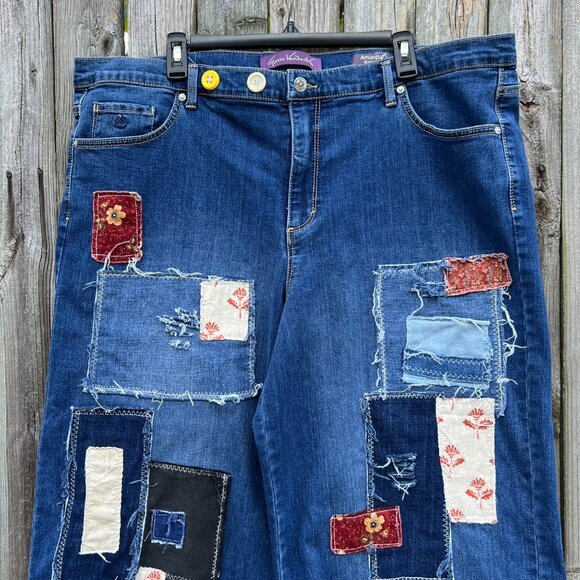 Upcycled Reworked Patched Hippie Boho Distressed Wide Leg Jeans size 20W - Picture 5 of 14